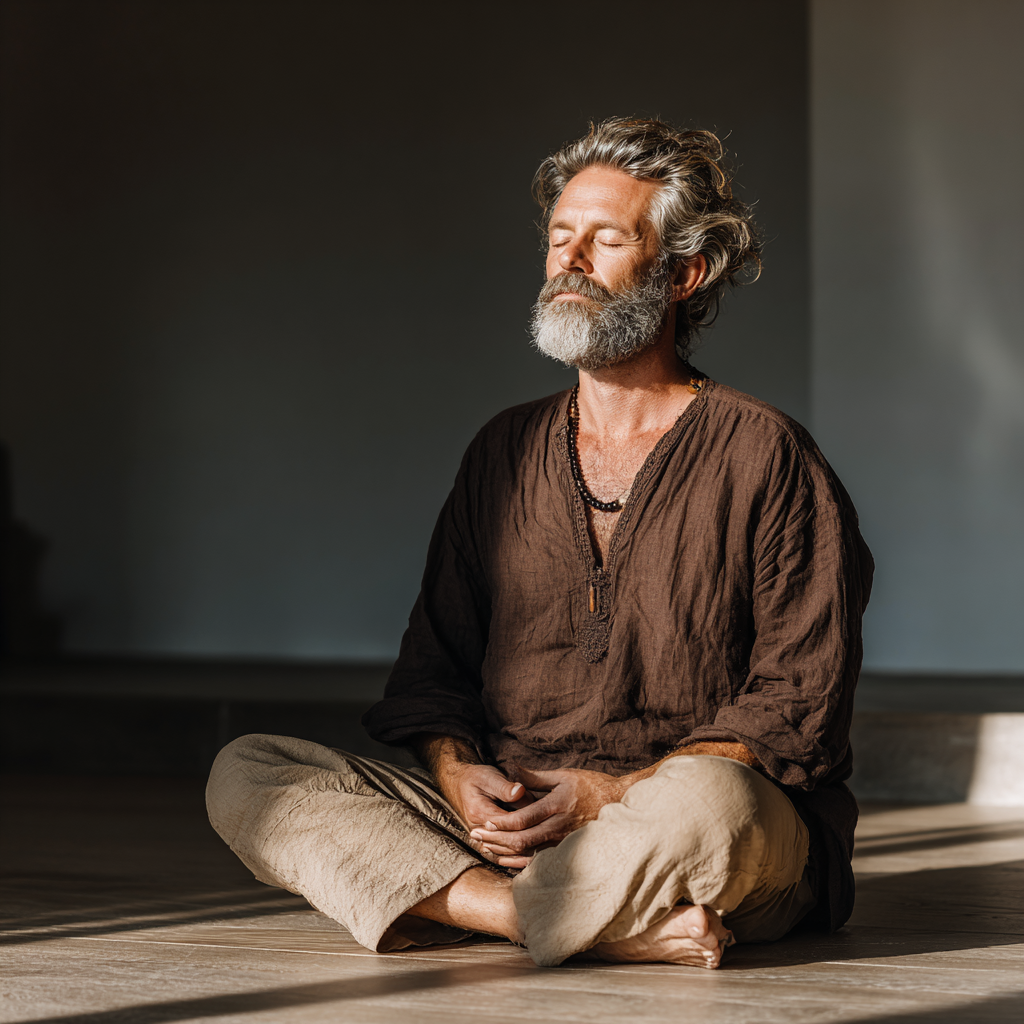 Peaceful man in his early 50s practicing yoga meditation in bright natural indoor space, sitting cross-legged on yoga mat with eyes closed in contemplative pose, wearing comfortable earth-tone clothing