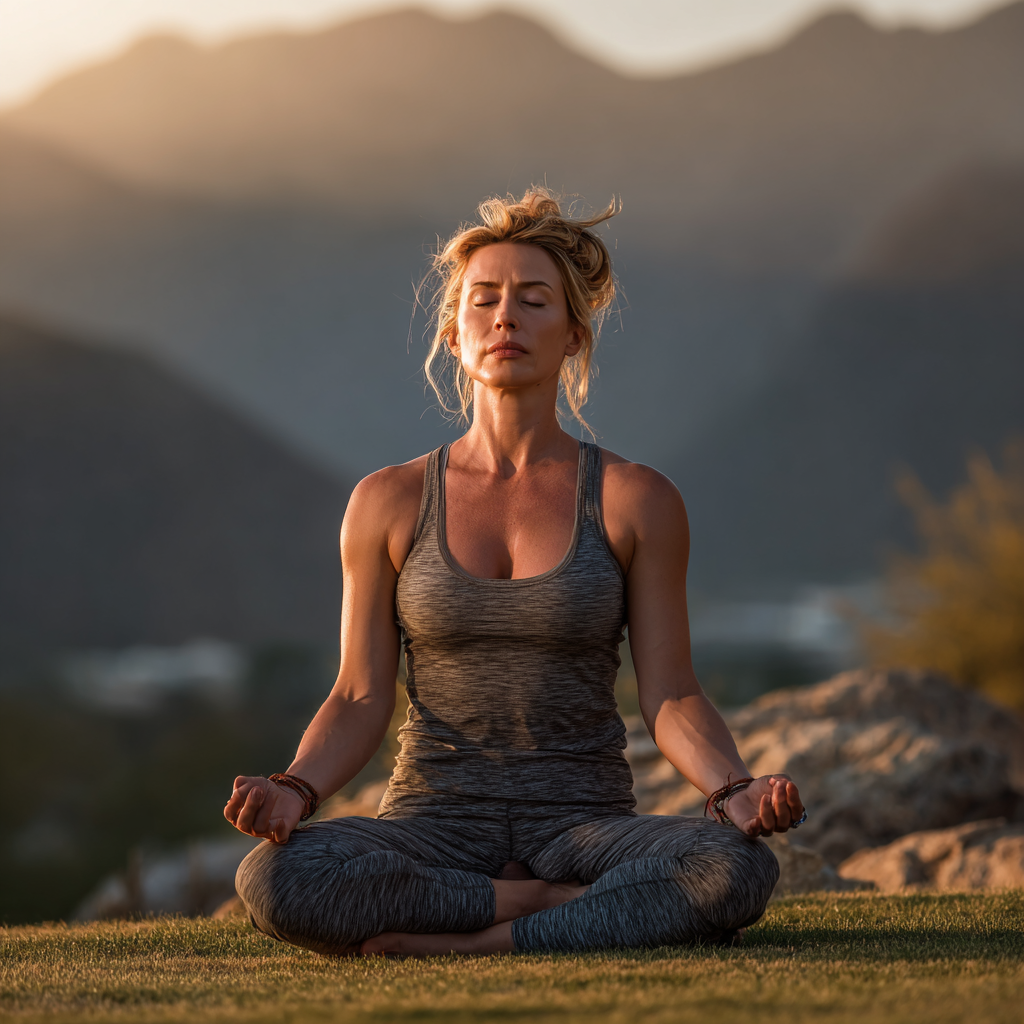 Serene woman in her mid-40s practicing yoga outdoors in peaceful natural setting with mountains in background, wearing comfortable athletic wear and demonstrating perfect meditation posture
